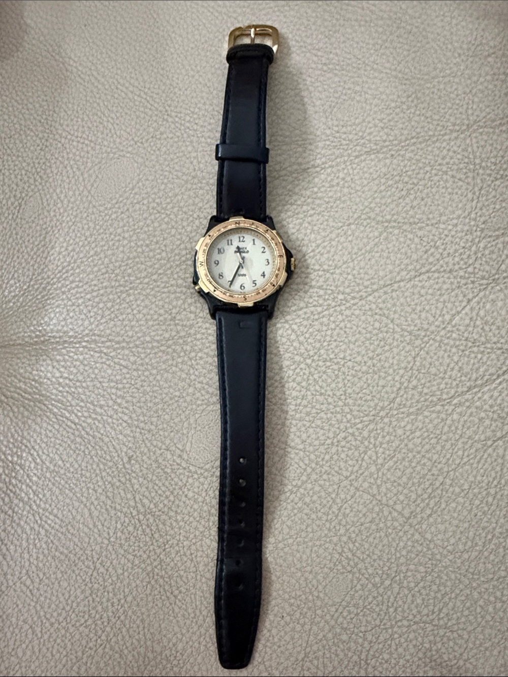 Timex Women's Gold-Bezel Watch with Black Leather Strap needs battery some wear